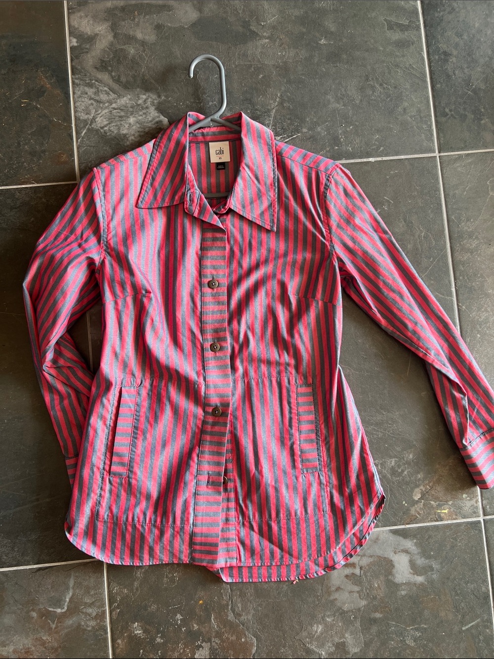 Cabi striped tailored button down with pleating and pockets